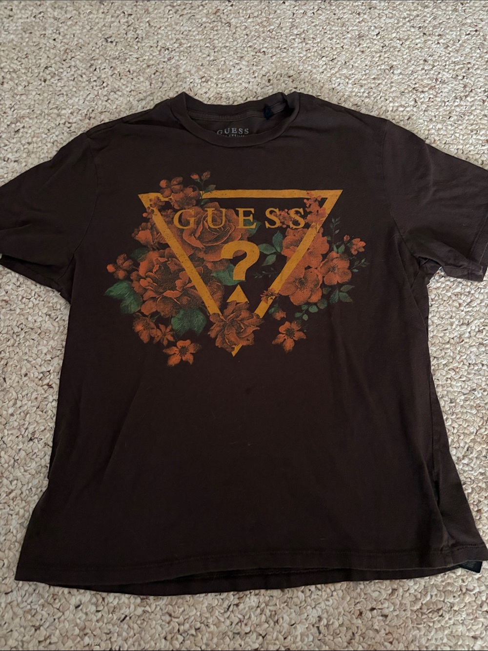 GUESS Women’s Medium Brown Short-Sleeve Tee with Floral Triangle Logo